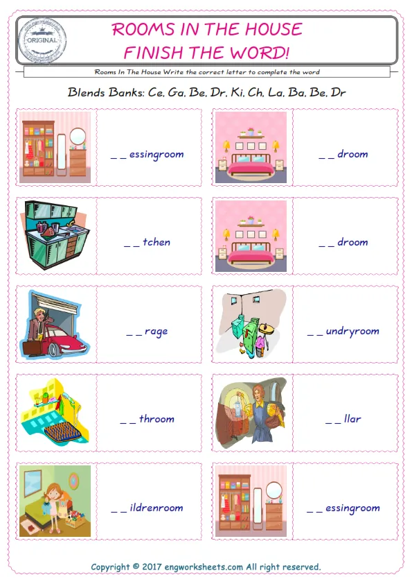 For kids, the Rooms In The House English worksheet for supplying into the correct blank place given letters special to the Rooms In The House Words.