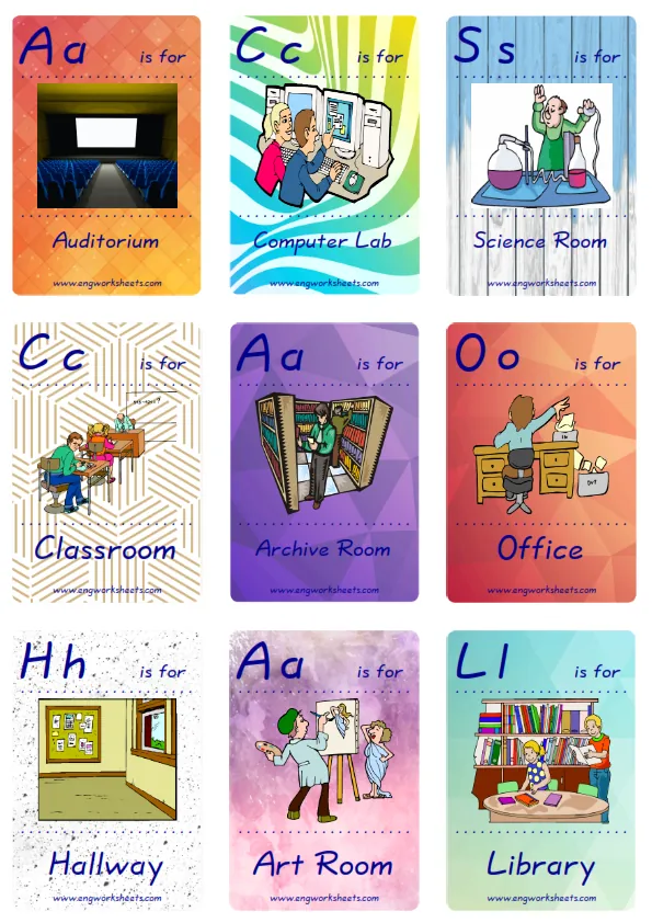 Mini size ESL Flashcard School Parts for kids and teachers.