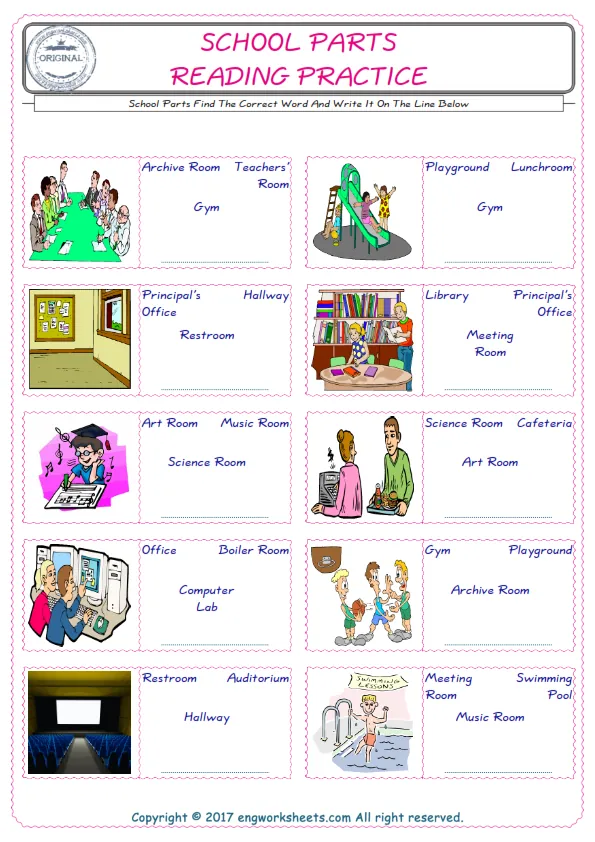 Check the picture of the School Parts for kids ESL worksheet for supplying the correct one among four words into the blank place.