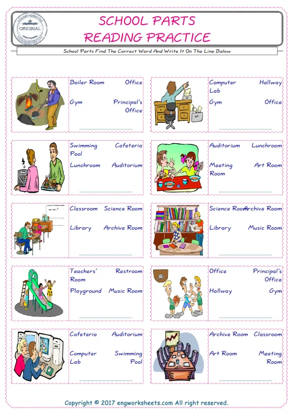 Check the picture of the School Parts for kids ESL worksheet for supplying the correct one among three words into the blank place.
