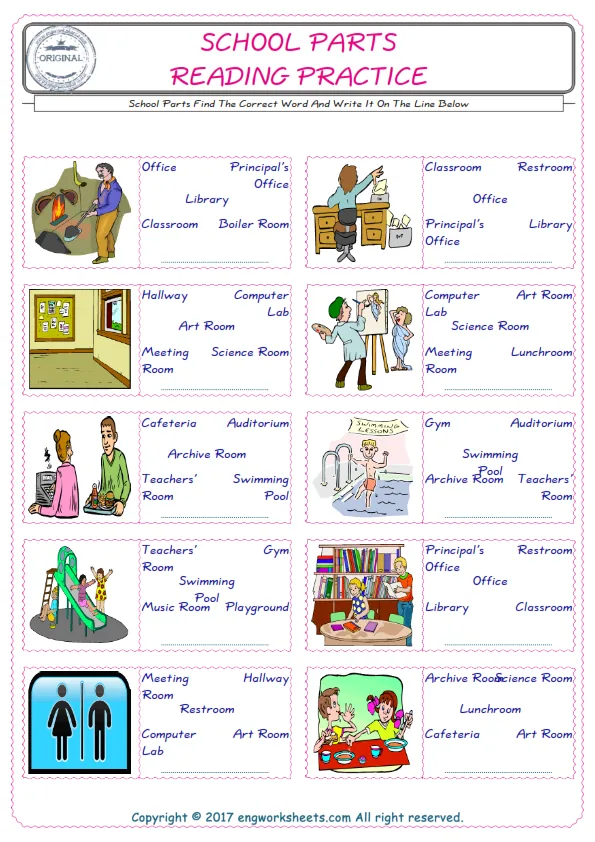 Check the picture of the School Parts for kids ESL worksheet for supplying the correct one among five words into the blank place.