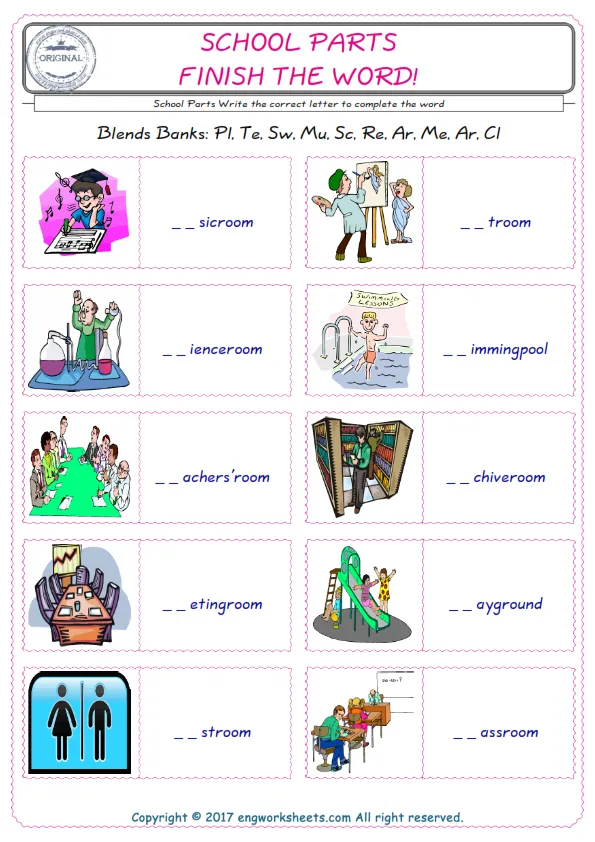 For kids, the School Parts English worksheet for supplying into the correct blank place given letters special to the School Parts Words.