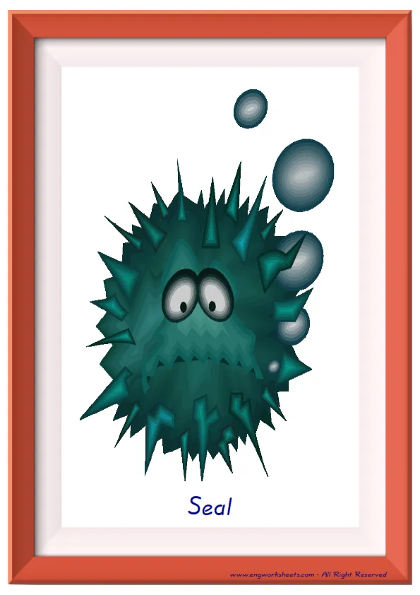 Full page ESL Flashcard together with words containing Sea Animals picture for kids and teachers.