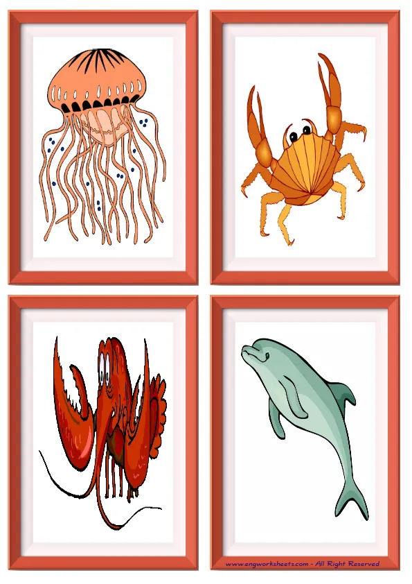 Quarter page ESL Flashcard without words containing Sea Animals picture for kids and teachers.