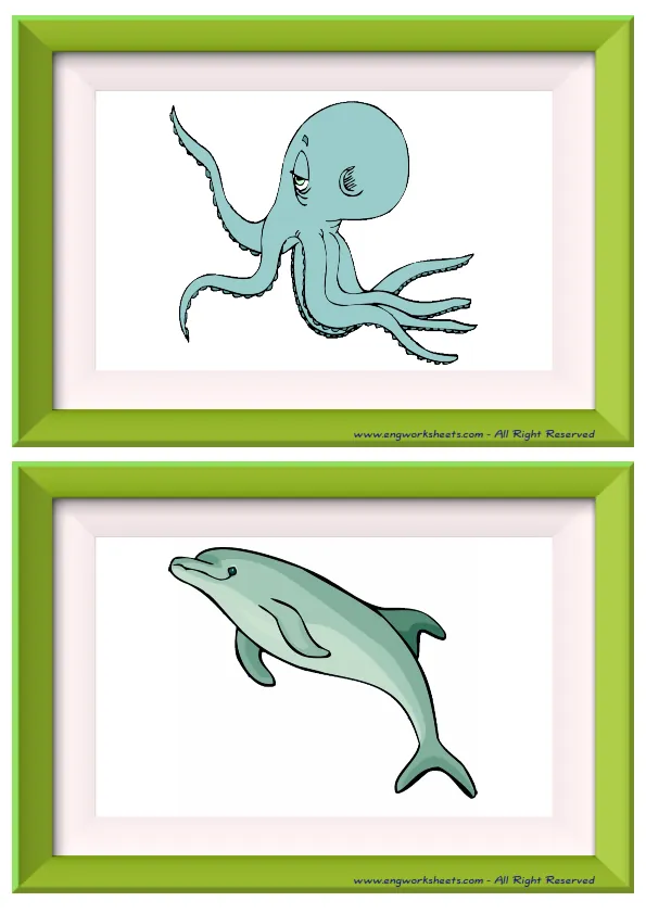 Half page ESL Flashcard without words containing Sea Animals picture for kids and teachers.
