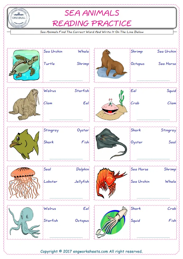 Check the picture of the Sea Animals for kids ESL worksheet for supplying the correct one among three words into the blank place.