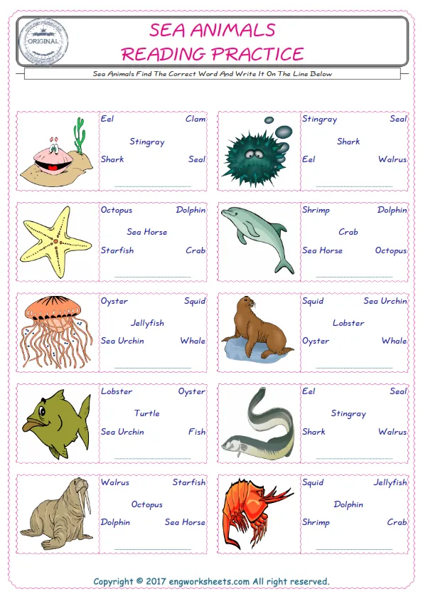 Check the picture of the Sea Animals for kids ESL worksheet for supplying the correct one among five words into the blank place.