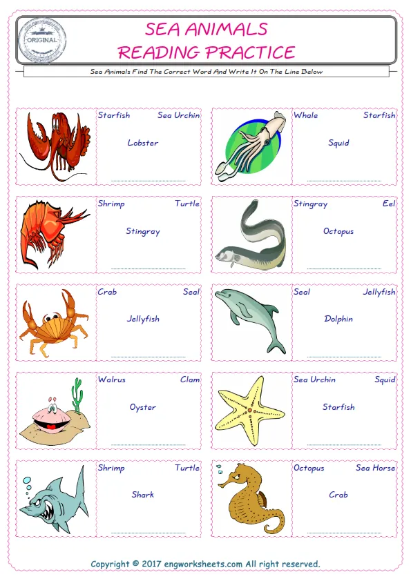 Check the picture of the Sea Animals for kids ESL worksheet for supplying the correct one among four words into the blank place.