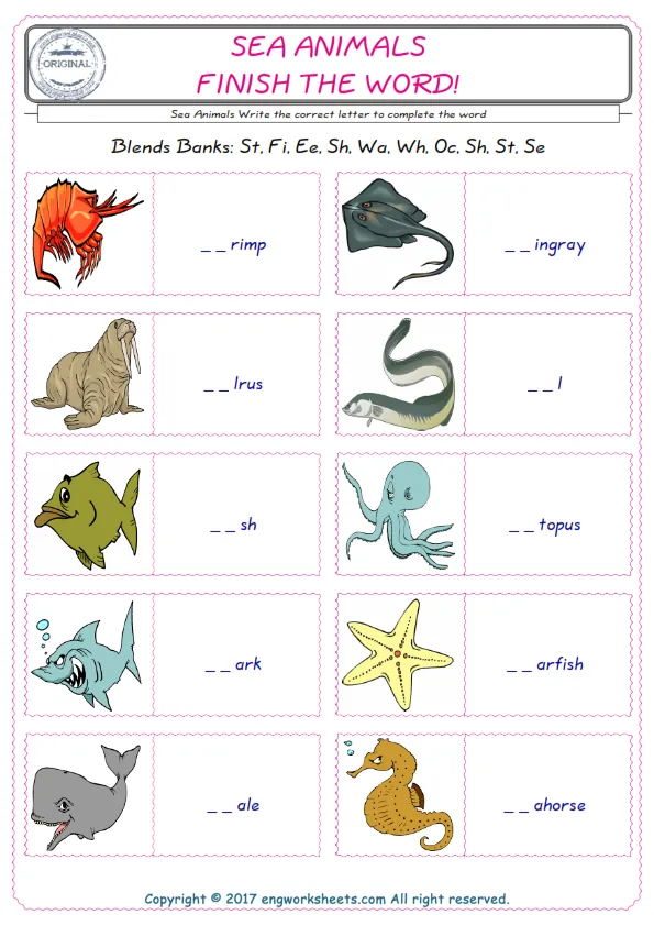For kids, the Sea Animals English worksheet for supplying into the correct blank place given letters special to the Sea Animals Words.