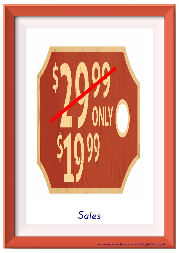 Full page ESL Flashcard together with words containing Shopping picture for kids and teachers.