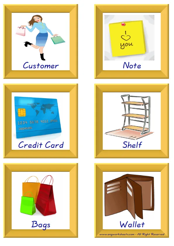 ESL Flashcard together with words containing Shopping picture for kids and teachers.