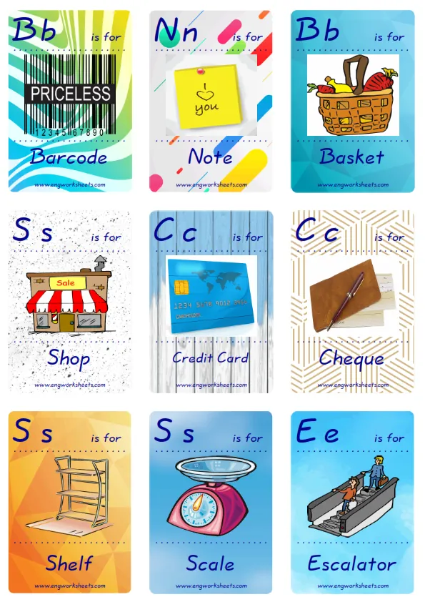 Mini size ESL Flashcard Shopping for kids and teachers.