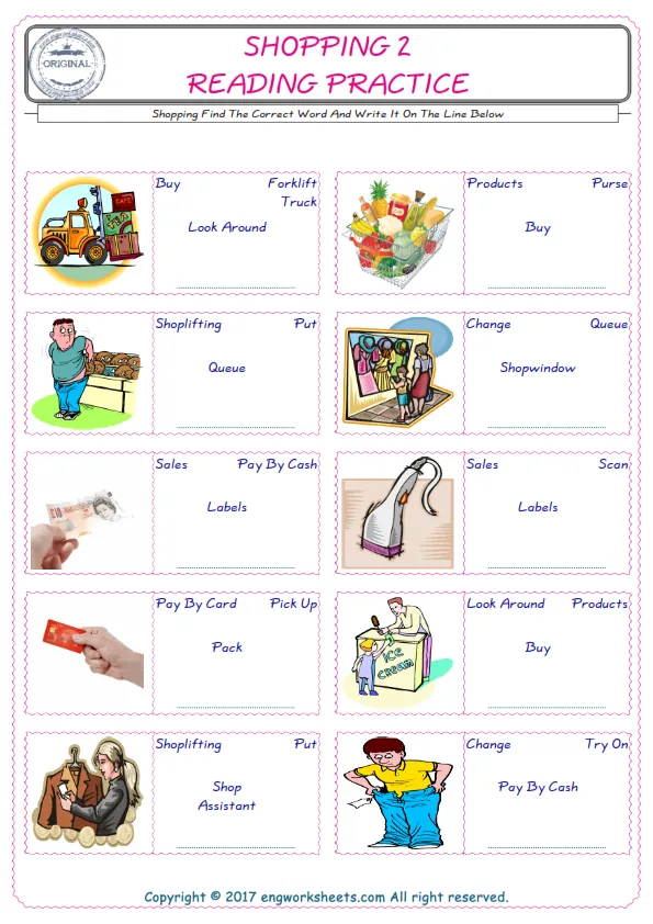 Check the picture of the Shopping for kids ESL worksheet for supplying the correct one among four words into the blank place.