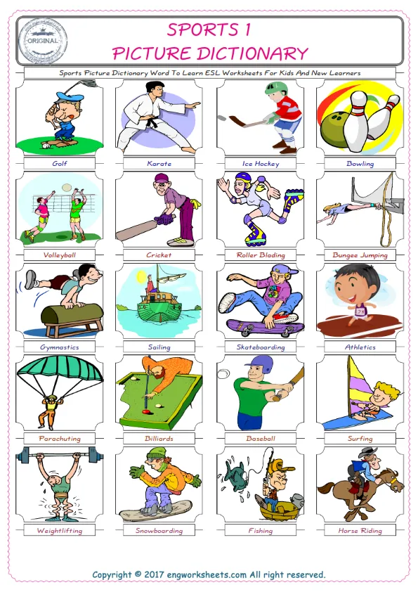 Sports English Worksheet for Kids ESL Printable Picture Dictionary