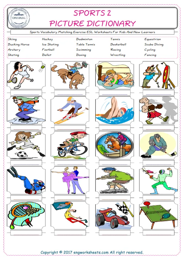 Sports for Kids ESL Word Matching English Exercise Worksheet.