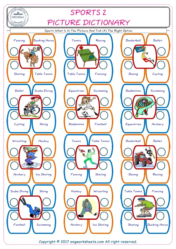check the picture, mark the correct option amongst the given Sports words English worksheet for kids
