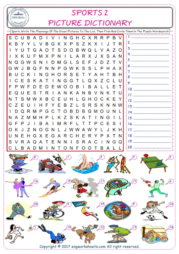 For kids, check the picture of Sports find, and write the word and find it in the word puzzle ESL printable worksheet.