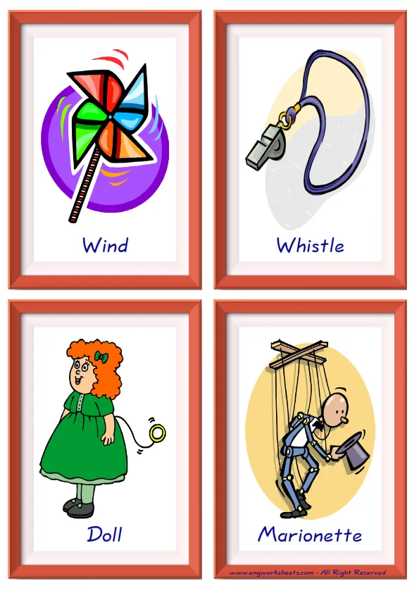 Quarter page ESL Flashcard together with words containing Toys picture for kids and teachers.