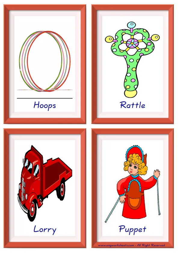 Quarter page ESL Flashcard together with words containing Toys picture for kids and teachers.