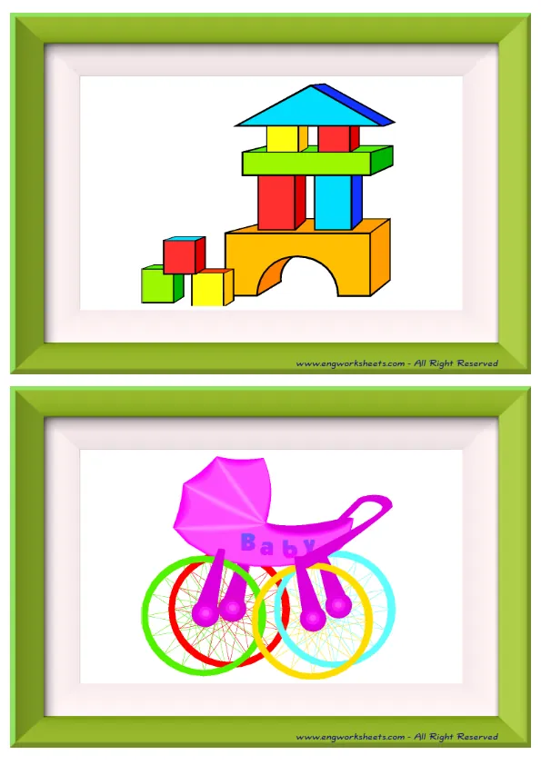 Half page ESL Flashcard without words containing Toys picture for kids and teachers.