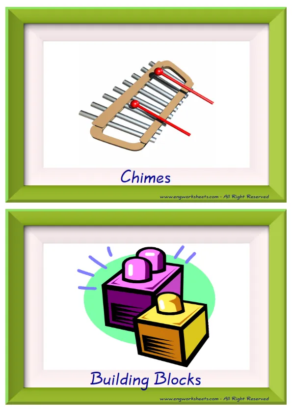Half page ESL Flashcard together with words containing Toys picture for kids and teachers.