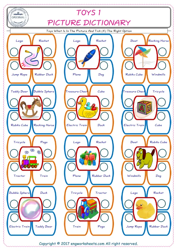 check the picture, mark the correct option amongst the given Toys words English worksheet for kids