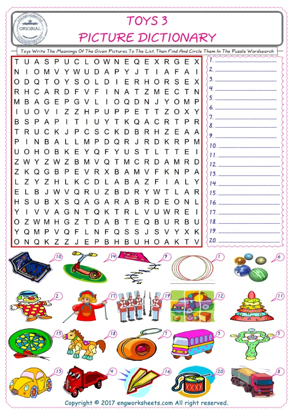 For kids, check the picture of Toys find, and write the word and find it in the word puzzle ESL printable worksheet.