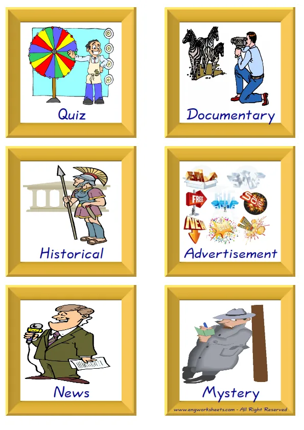 ESL Flashcard together with words containing Tv Programmes picture for kids and teachers.