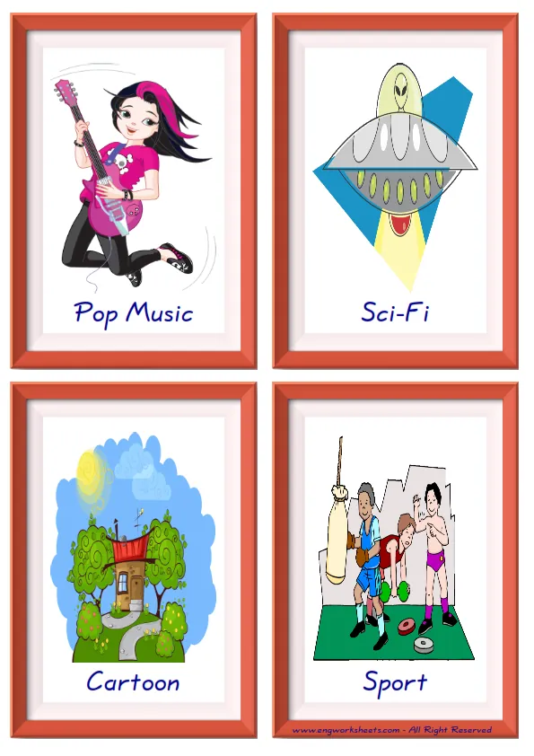 Quarter page ESL Flashcard together with words containing Tv Programmes picture for kids and teachers.