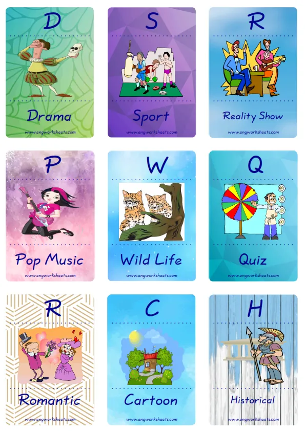 Mini size enjoyable ESL Flashcard Tv Programmes for kids and teachers.