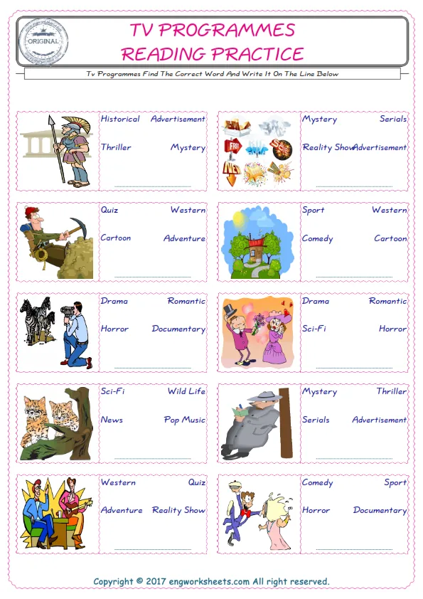 Check the picture of the Tv Programmes for kids ESL worksheet for supplying the correct one among three words into the blank place.