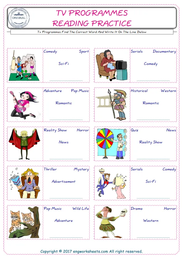 Check the picture of the Tv Programmes for kids ESL worksheet for supplying the correct one among four words into the blank place.