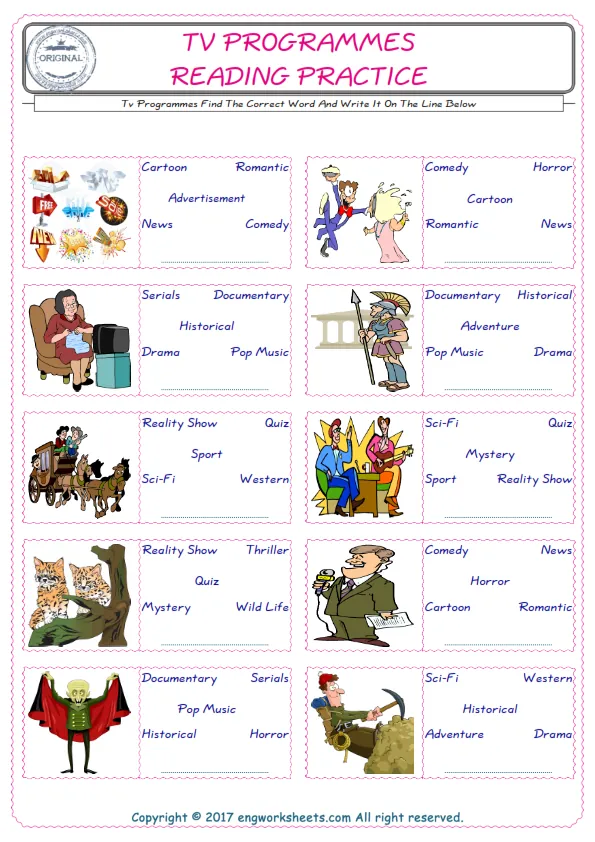 Check the picture of the Tv Programmes for kids ESL worksheet for supplying the correct one among five words into the blank place.