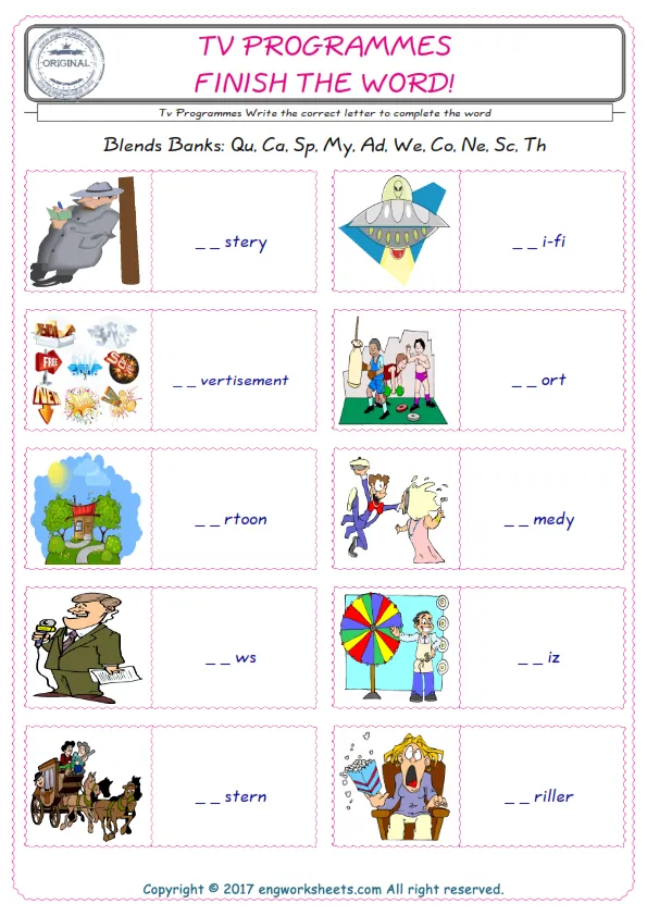 For kids, the Tv Programmes English worksheet for supplying into the correct blank place given letters special to the Tv Programmes Words.