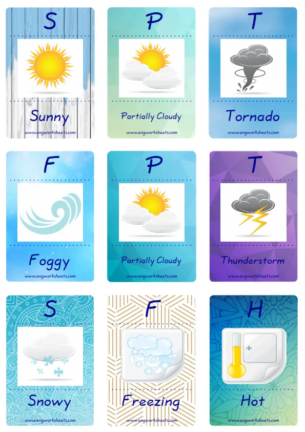 Mini size enjoyable ESL Flashcard Weather for kids and teachers.