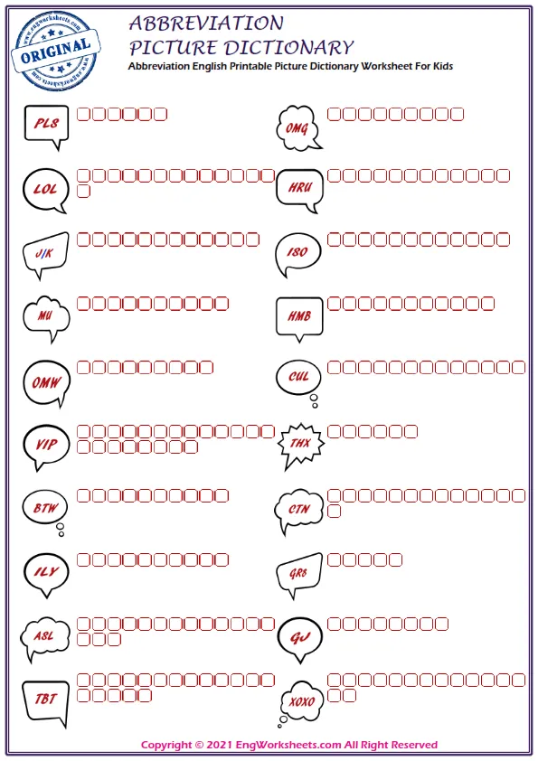 Abbreviation English Printable Picture Dictionary Worksheet For Kids