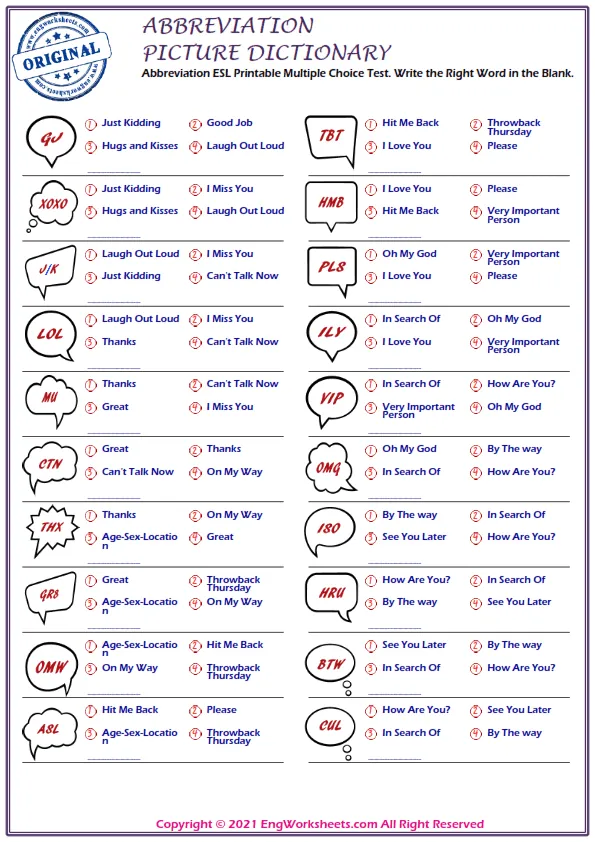 Abbreviation ESL Printable Multiple Choice Test. Write the Right Word in the Blank.