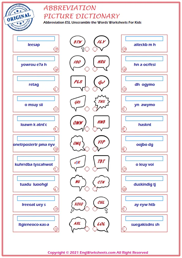 Abbreviation ESL Unscramble the Words Worksheets For Kids