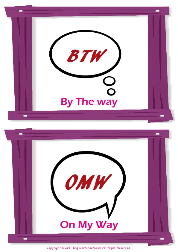 Abbreviation vocabulary worksheet with words, two images per page