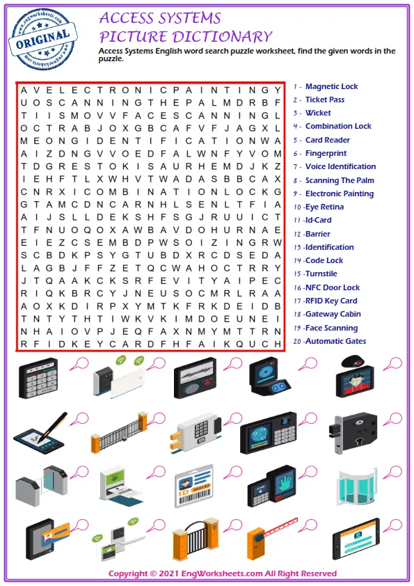 Access Systems English word search puzzle worksheet, find the given words in the puzzle.