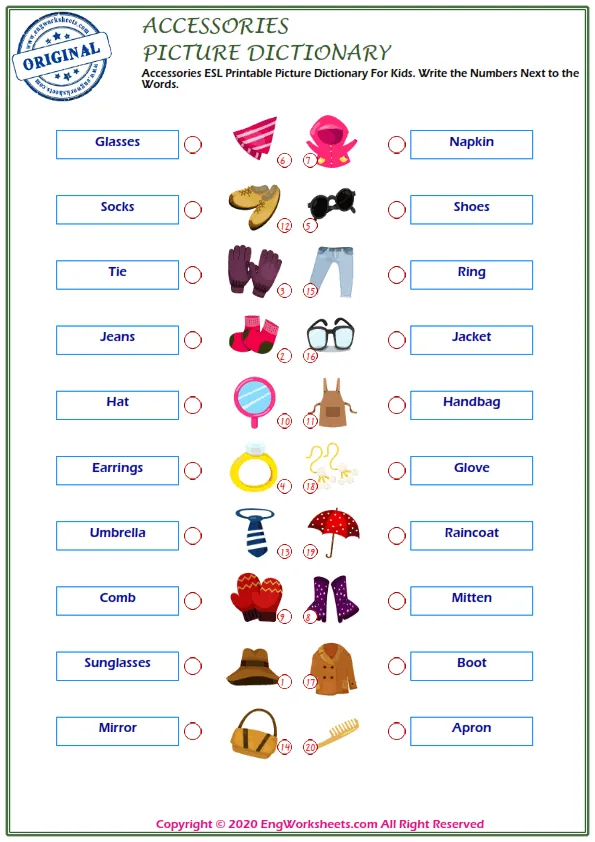 Accessories ESL Printable Picture Dictionary For Kids. Write the Numbers Next to the Words.