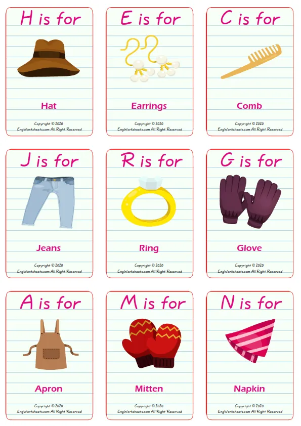 Accessories vocabulary worksheet with words, nine images per page