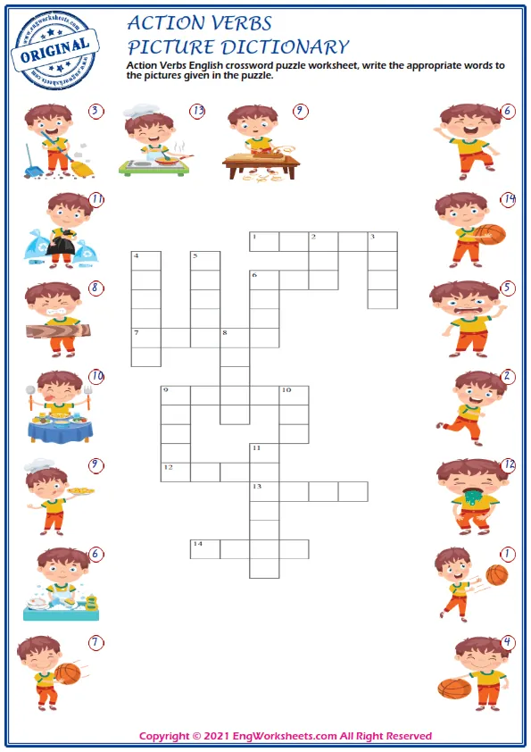Wordless Action Verbs vocabulary worksheet with nine images per page