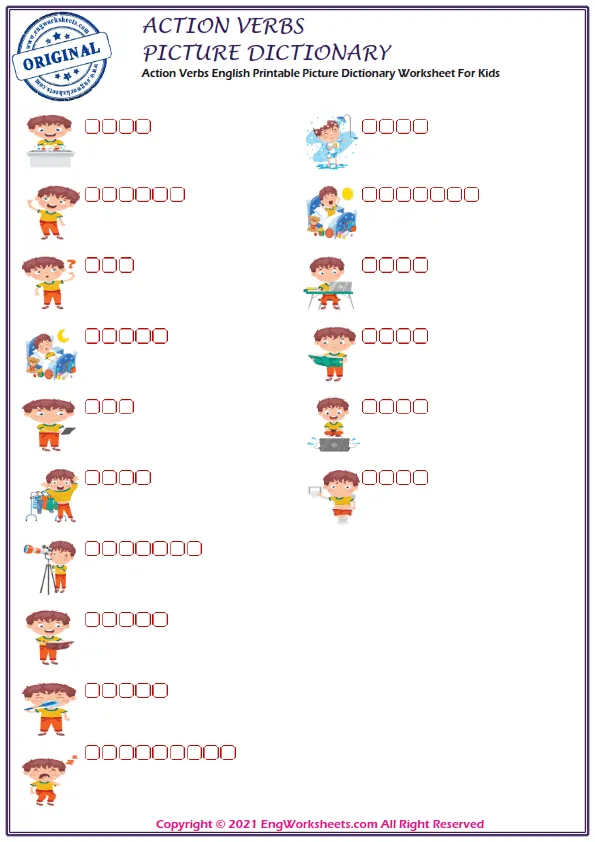 Action Verbs English Printable Picture Dictionary Worksheet For Kids