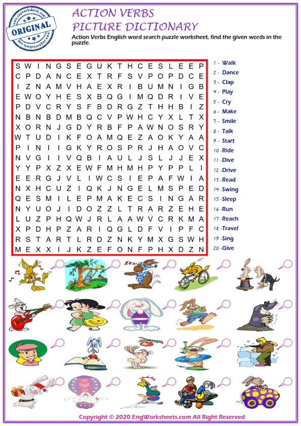 Action Verbs English word search puzzle worksheet, find the given words in the puzzle.