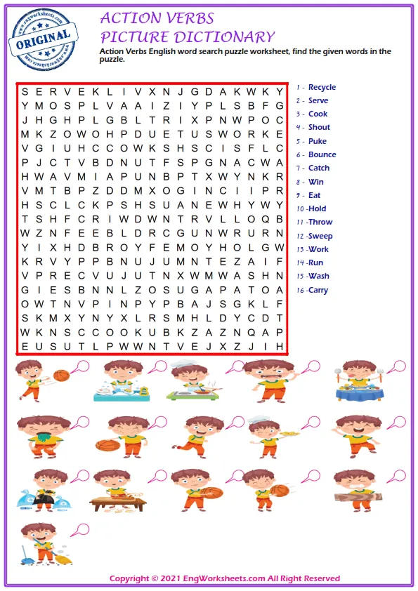 Action Verbs ESL Printable Multiple Choice Test. Write the Right Word in the Blank.