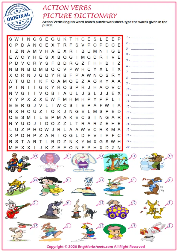 Action Verbs English word search puzzle worksheet, type the words given in the puzzle.