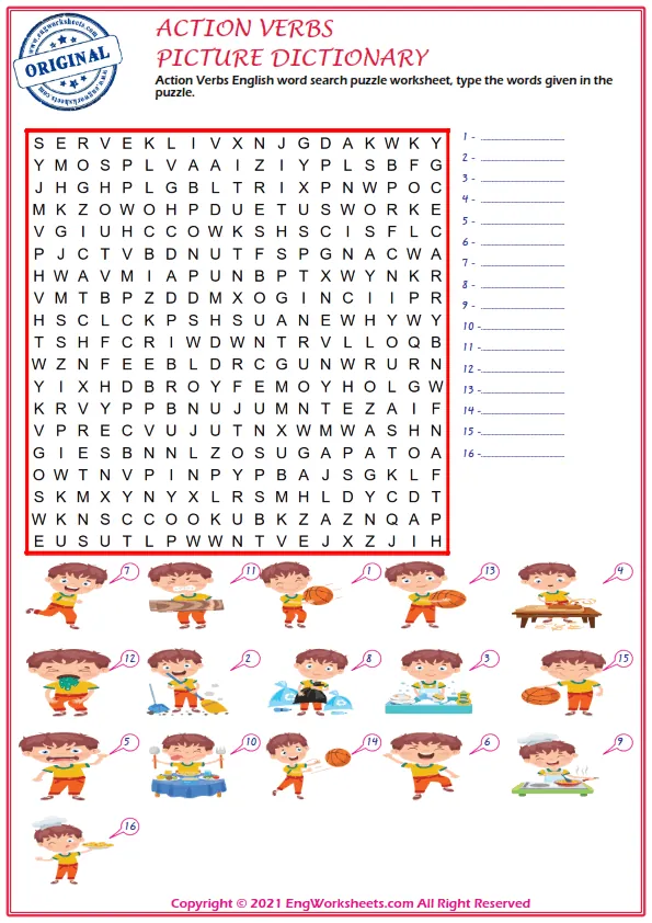 Wordless Action Verbs vocabulary worksheet with nine images per page