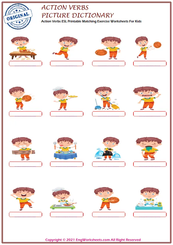Action Verbs ESL snake word writing exercise worksheet.