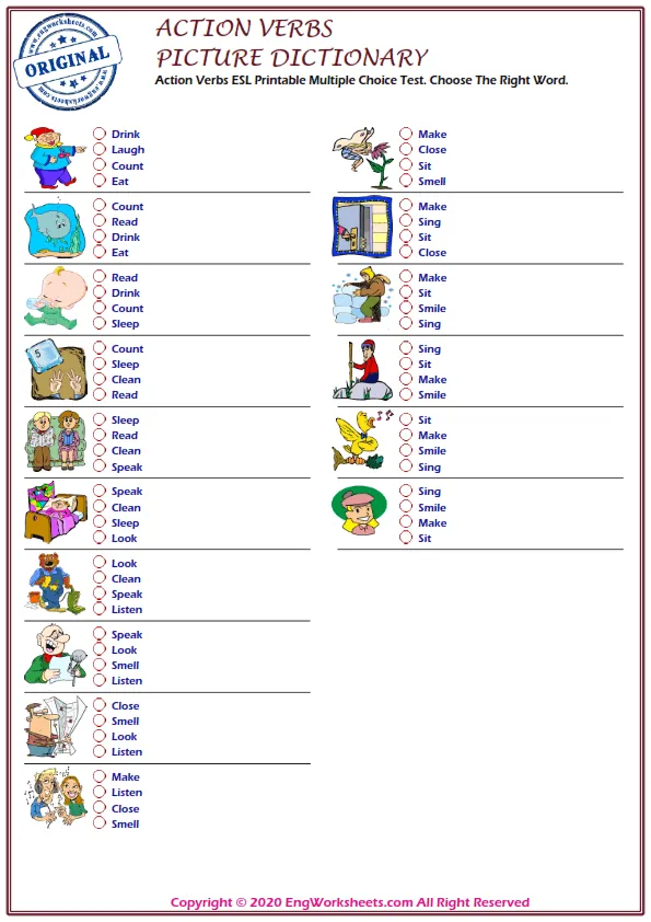 Action Verbs ESL Printable Multiple Choice Test. Choose The Right Word.